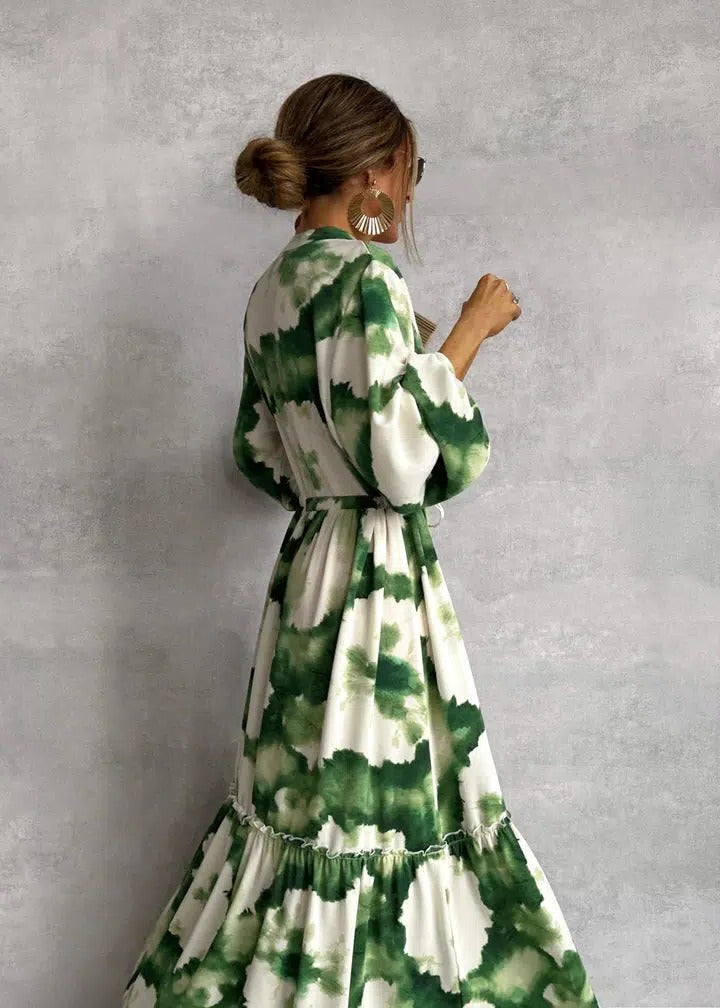 Women's green tie-dye belted long sleeve tiered maxi dress, elegant and flowy, perfect for spring/summer fashion.
