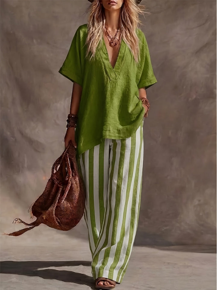 Women's green V-neck top & striped wide-leg pants matching set. Effortless bohemian summer outfit.