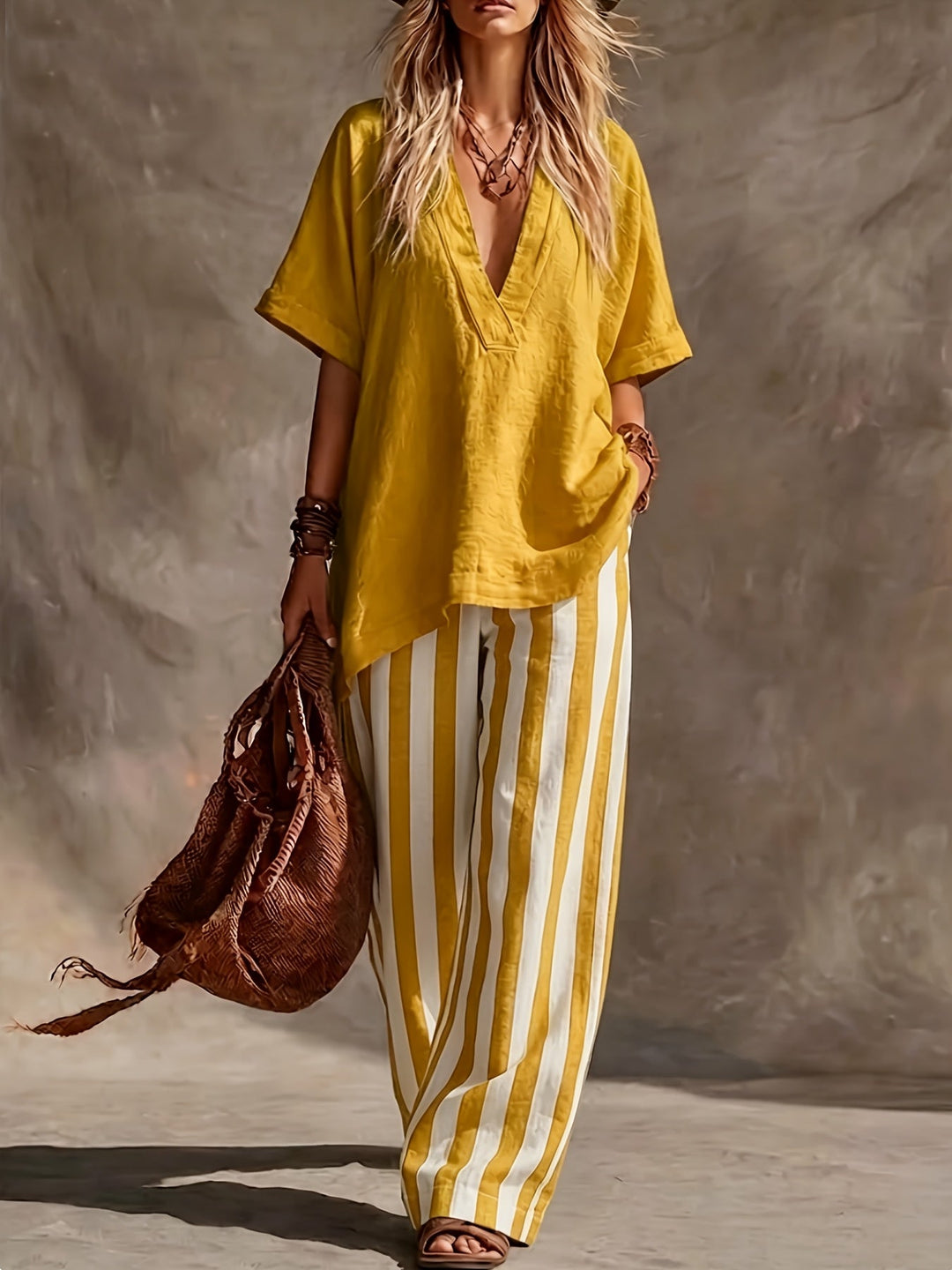 Chic women's two-piece set: V-neck top with relaxed fit and striped wide-leg pants. Perfect for vacation.