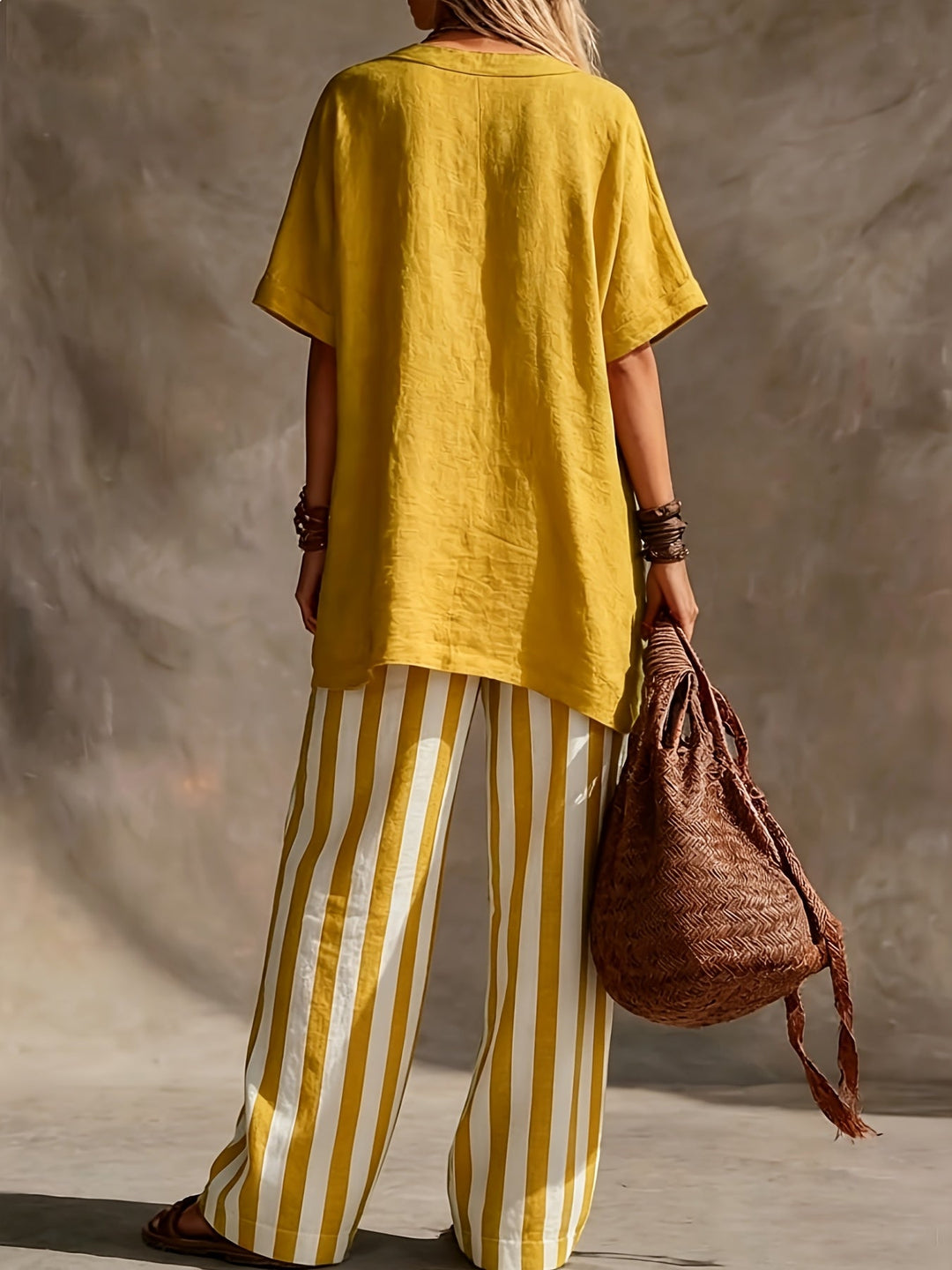 Yellow striped wide-leg pants set & V-neck top. Casual women's summer fashion, relaxed bohemian style.