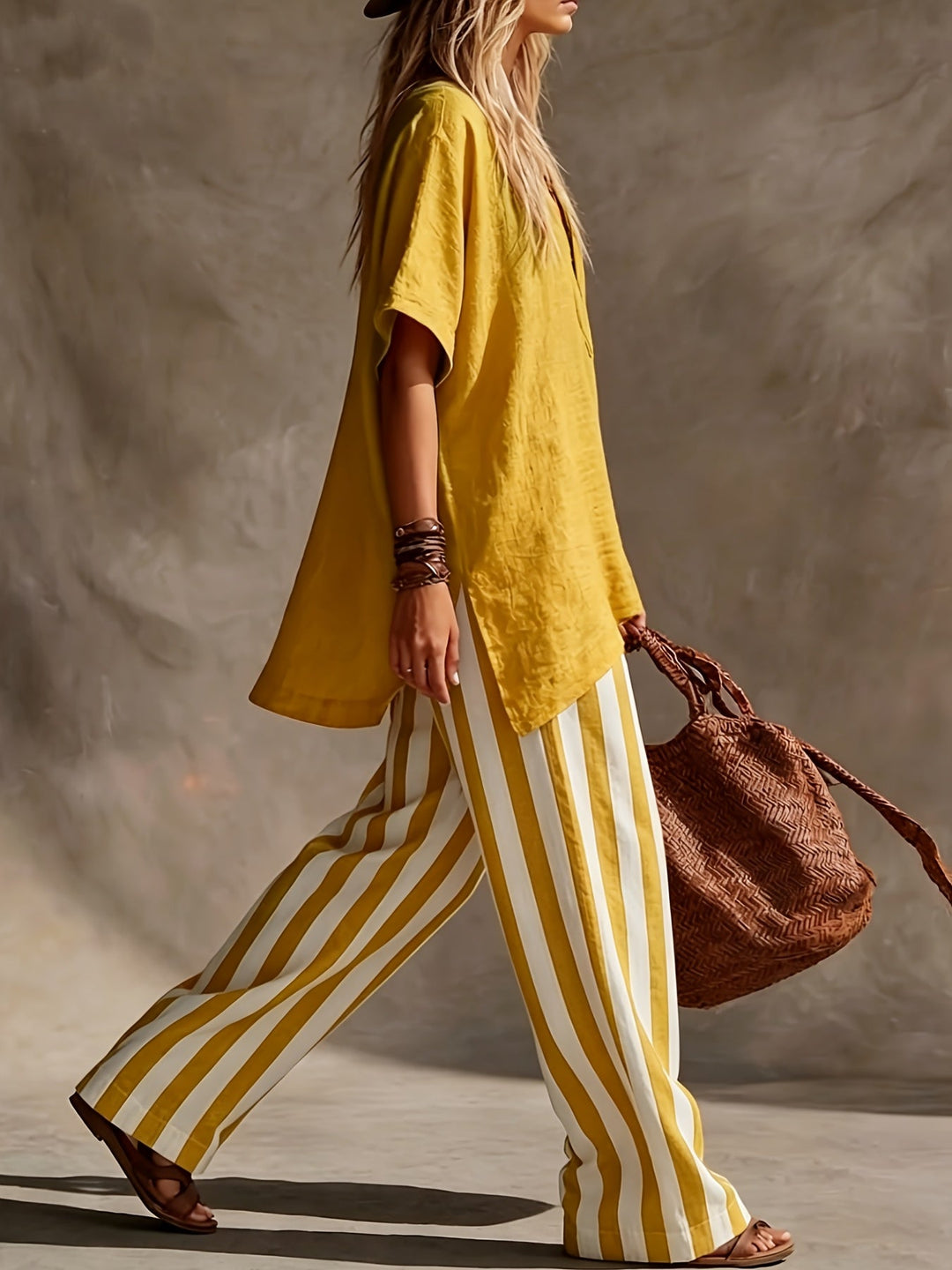 Stylish women's V-neck top and striped wide-leg pants set for effortless casual summer fashion.