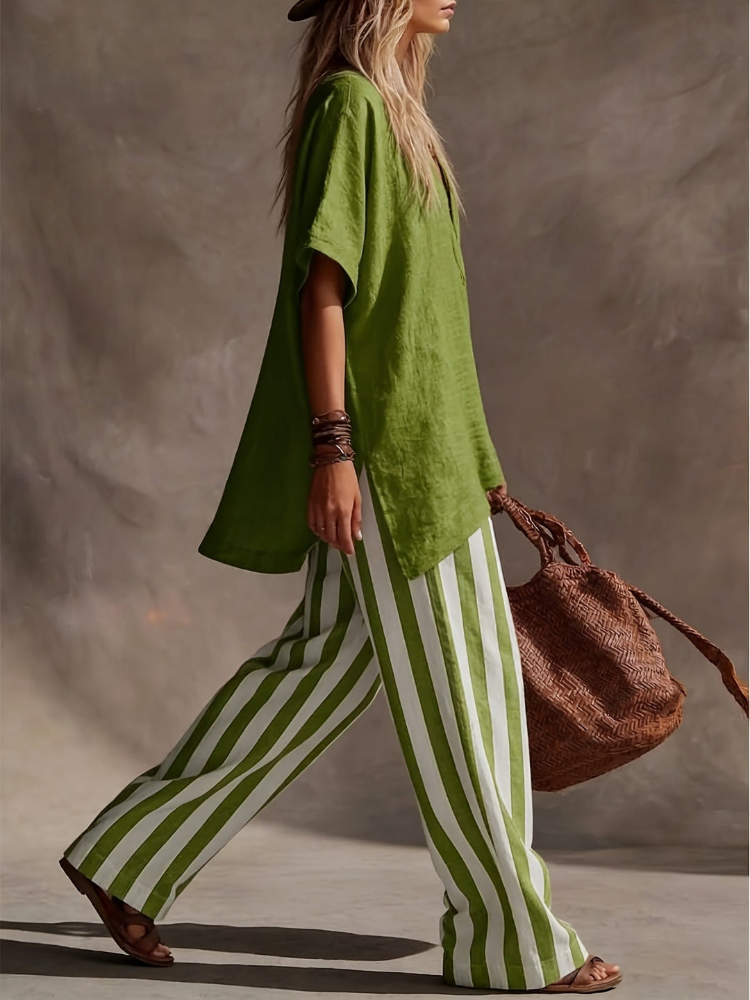 Relaxed fit women's two-piece set: Green V-neck top with striped wide-leg pants. Comfortable and chic.
