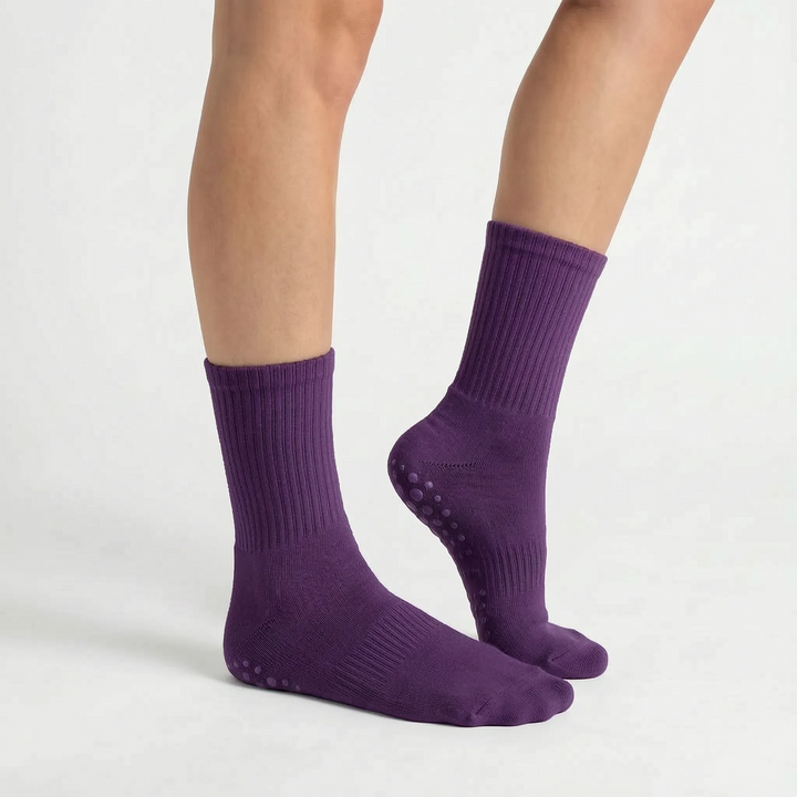 Comfortable lilac grippy crew socks for women. Non-slip design provides stability for studio, yoga & barre.