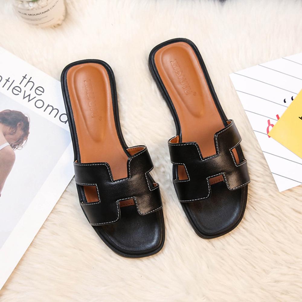 Elegant women's H-Strap low heel sandals. Versatile slip-on design for dressy or casual summer wear.