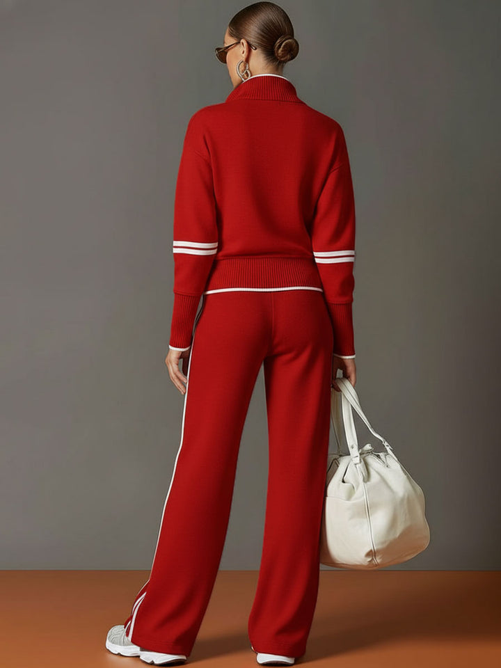Back view of the comfortable women's wide-leg pant set, featuring a stylish half-zip sweatshirt.