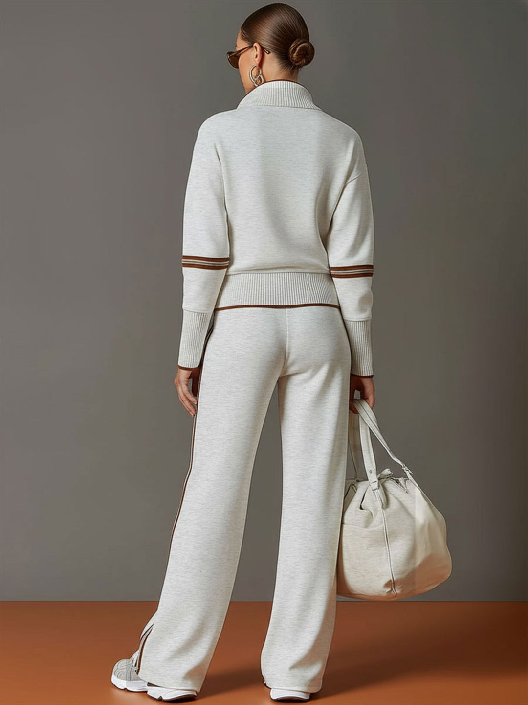 Elegant wide-leg pants, part of a women's matching two-piece outfit set, offering comfort and style.