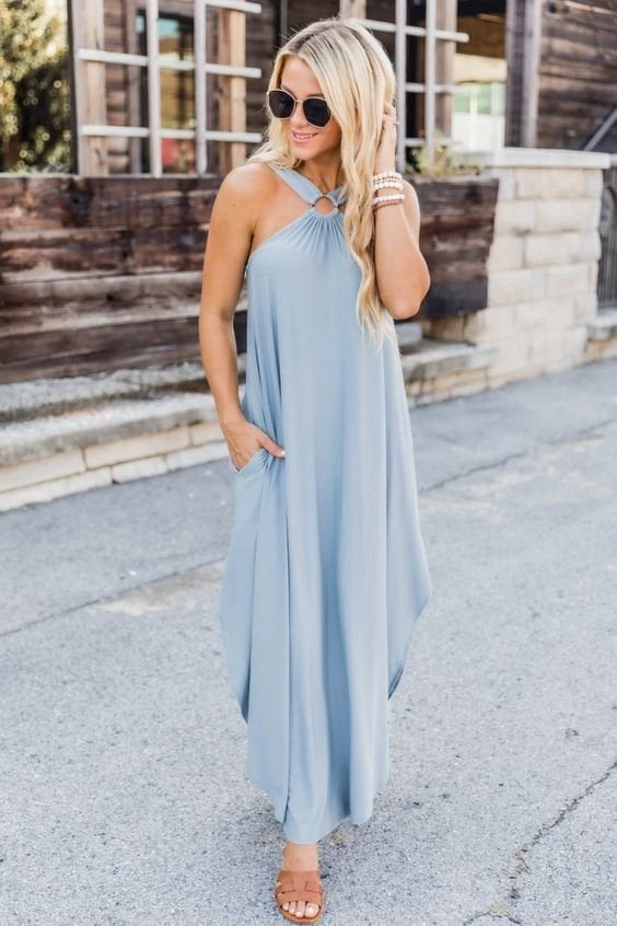 Elegant flowy halter maxi dress for women, ideal for summer events & resort fashion.