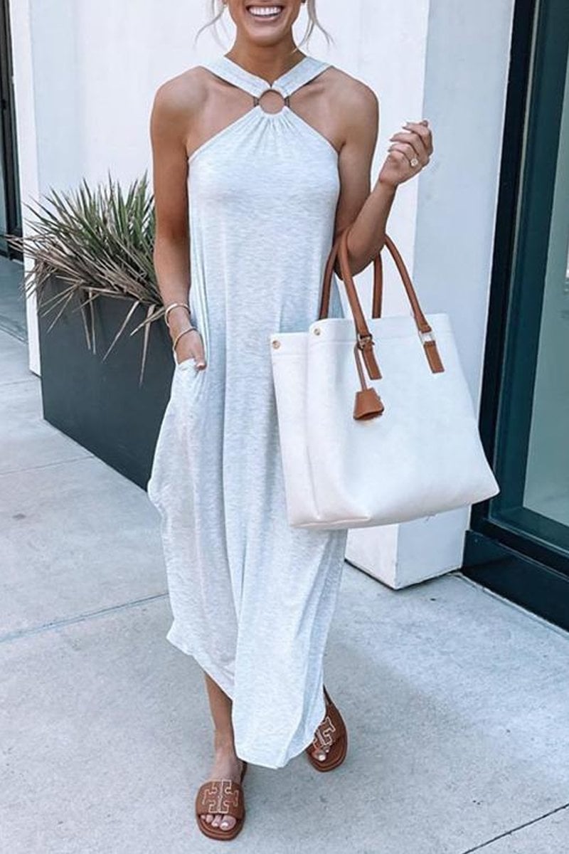 Sleeveless halter maxi dress, offering casual chic style for women's summer adventures.