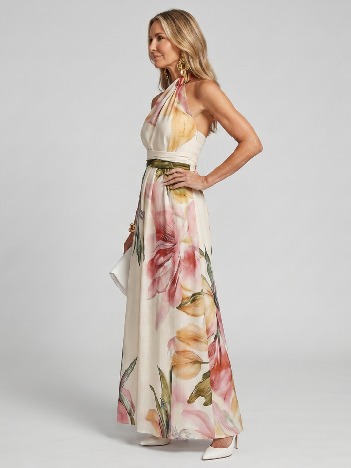 Chic women's halter maxi dress. Sleeveless, comfortable pull-on style with an elegant flowing skirt.