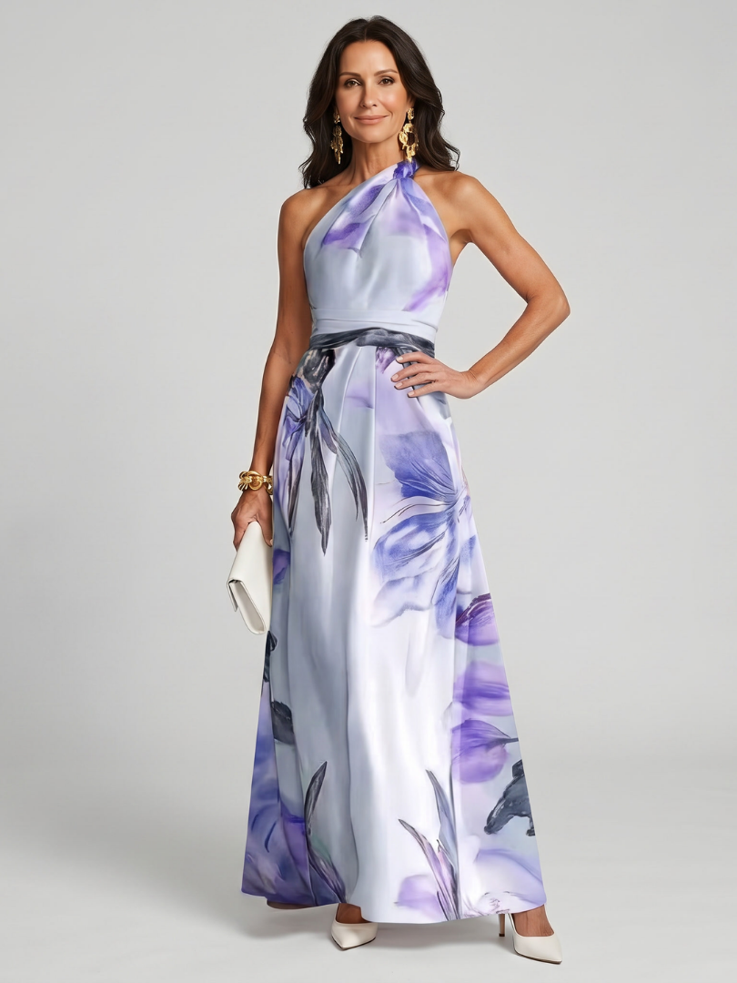 Women's sleeveless halter maxi dress. Comfortable pull-on style with a gracefully flowing skirt.