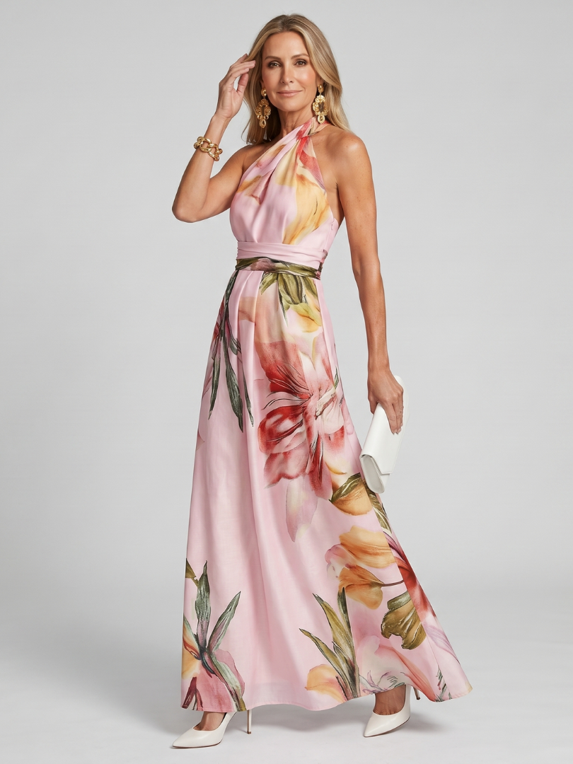 Comfortable women's halter maxi dress with an elegant, flowing skirt. Ideal for chic summer style.
