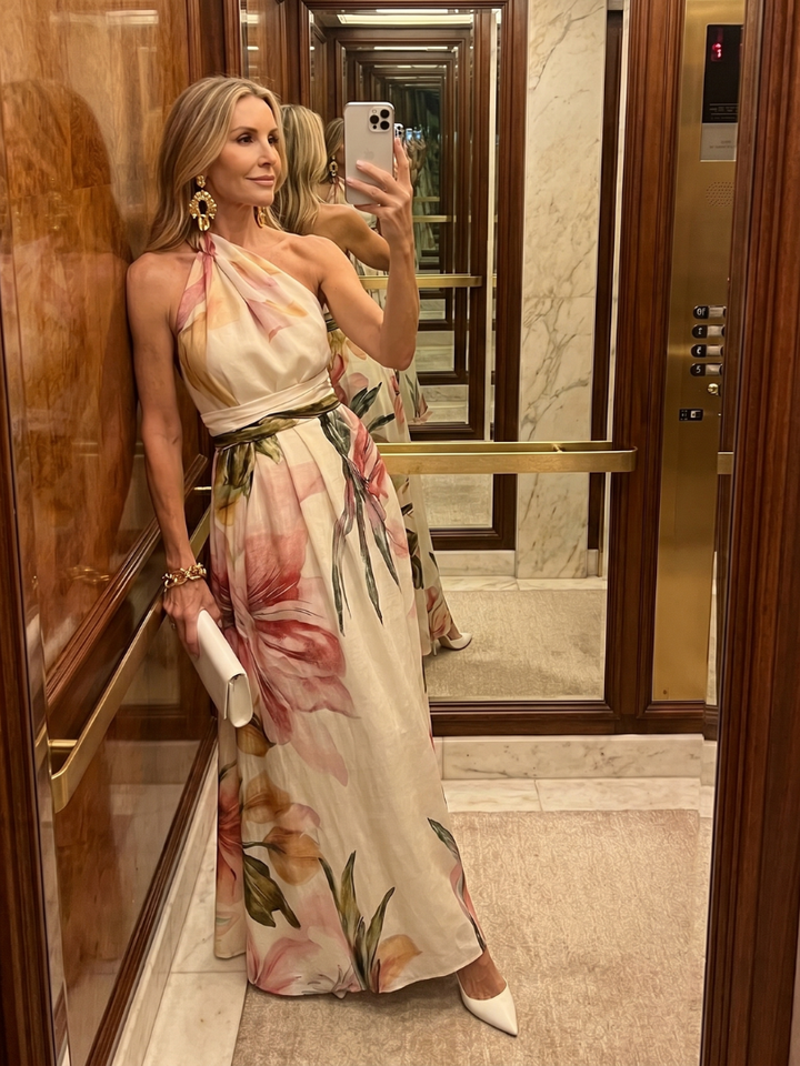 Stylish women's maxi dress. Halter neckline, flowing skirt, comfortable for summer and vacation wear.