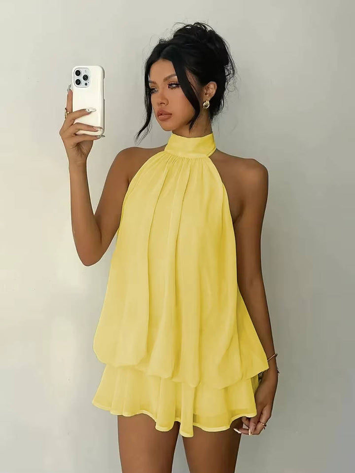 Women's Halter Mini Dress with Ruffle Hem, Open Back. Perfect for summer parties & cocktails.