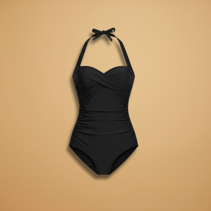Flattering women's one-piece halter swimsuit with tummy control, elegant ruched details for poolside style.