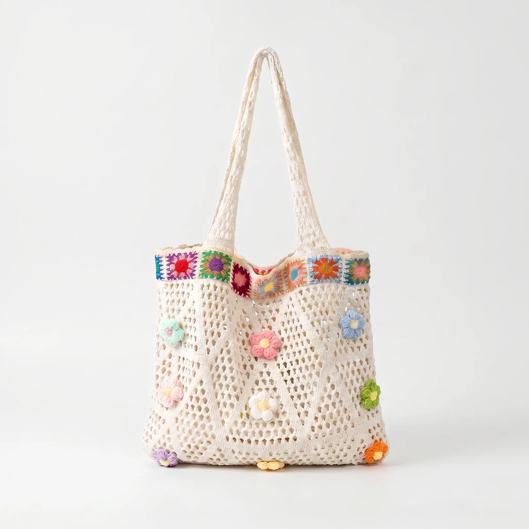 Bohemian women's crochet floral tote bag, ideal for summer vacation, beach trips, or everyday casual wear.