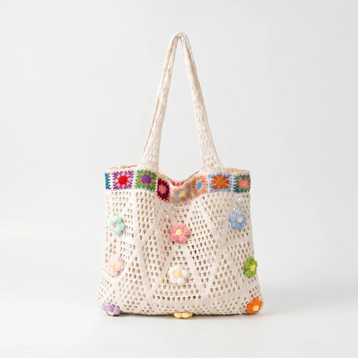 Bohemian women's crochet floral tote bag, ideal for summer vacation, beach trips, or everyday casual wear.