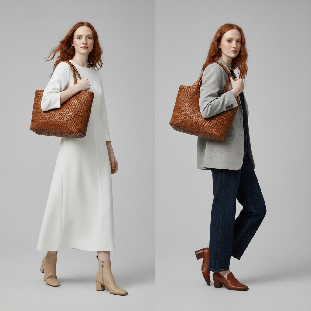 Versatile handwoven leather shoulder bag for women, ideal large market tote.