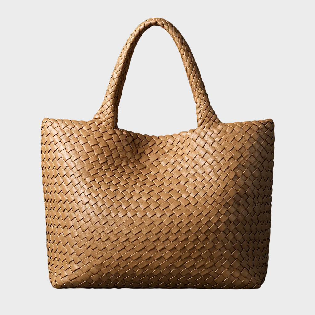 Elegant handwoven leather tote bag for women, a stylish large shoulder woven bag.