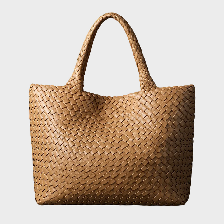Elegant handwoven leather tote bag for women, a stylish large shoulder woven bag.