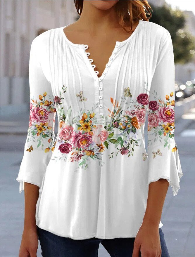 Elegant women's Henley top, relaxed fit, featuring stylish lace long sleeves for everyday wear.