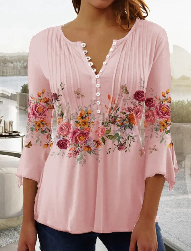 Versatile women's Henley blouse, lace sleeves, perfect for casual or elegant feminine fashion.
