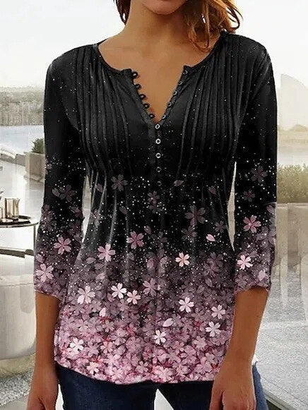 Effortless casual women's Henley shirt with comfortable relaxed fit and chic lace sleeves.