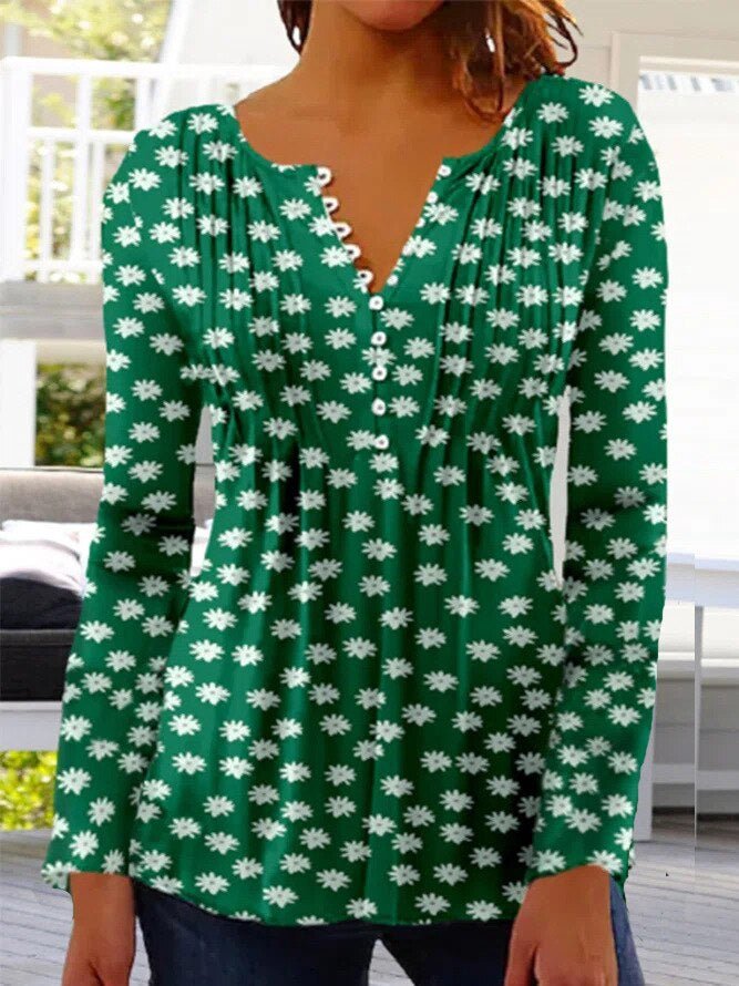 Elegant women's Henley blouse with sophisticated lace sleeves, ideal for versatile fashion.