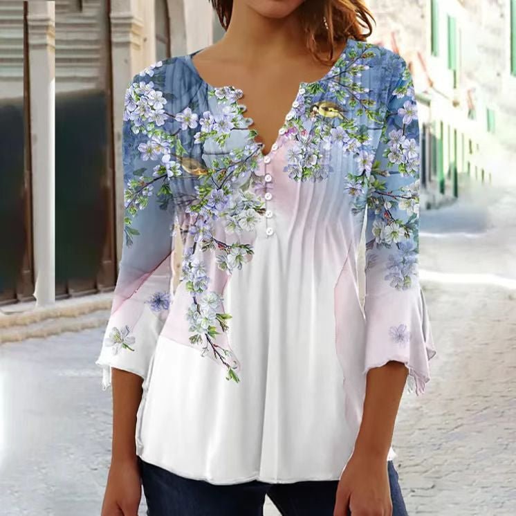 Relaxed fit women's Henley top, featuring trendy lace long sleeves for a feminine touch.