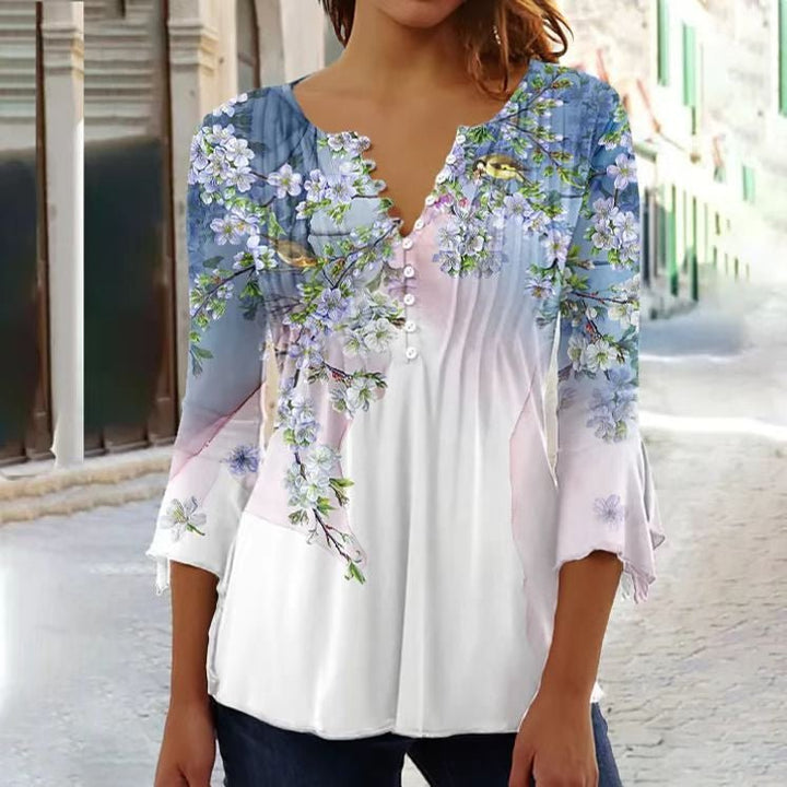 Relaxed fit women's Henley top, featuring trendy lace long sleeves for a feminine touch.