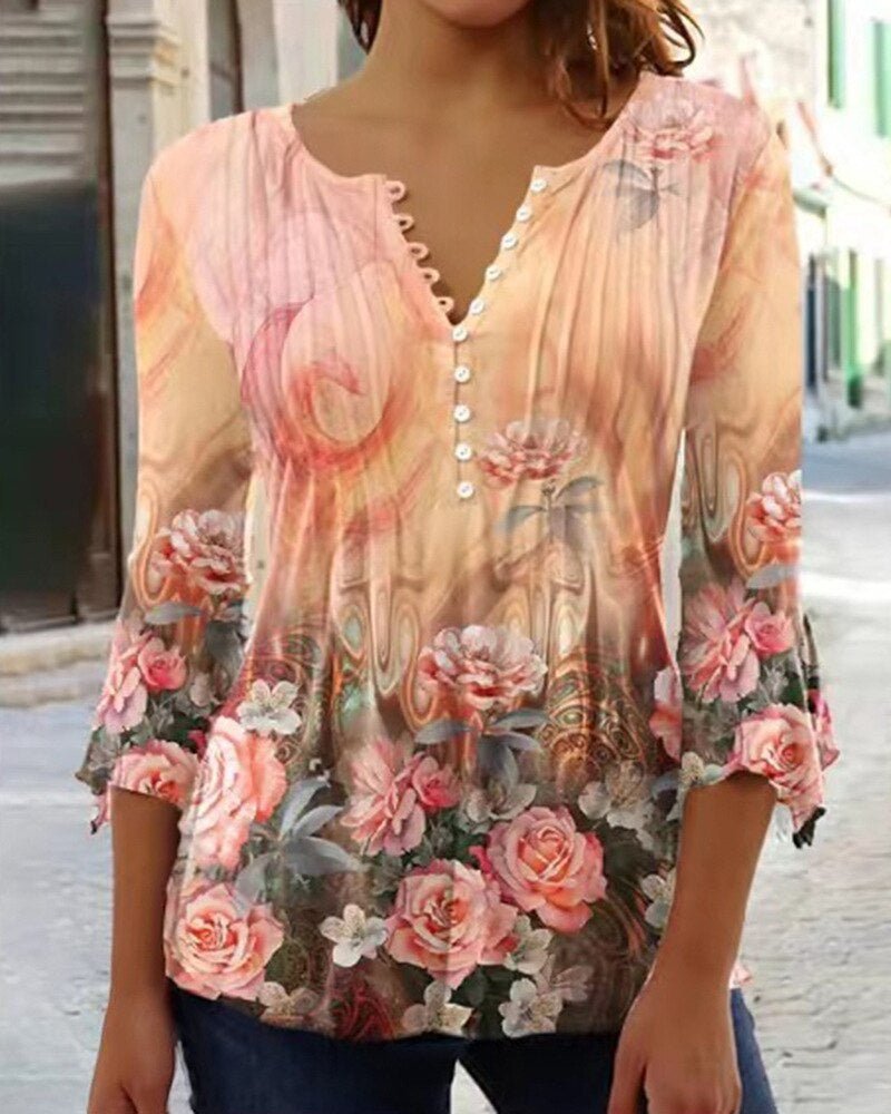 Casual yet elegant women's Henley blouse, button front, with delicate lace long sleeves.