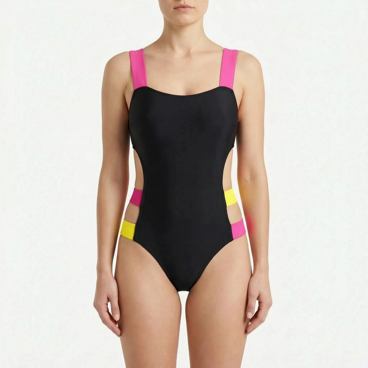 Modern women's monokini beachwear, featuring a high-cut silhouette, cutout details, and vivid neon highlights.