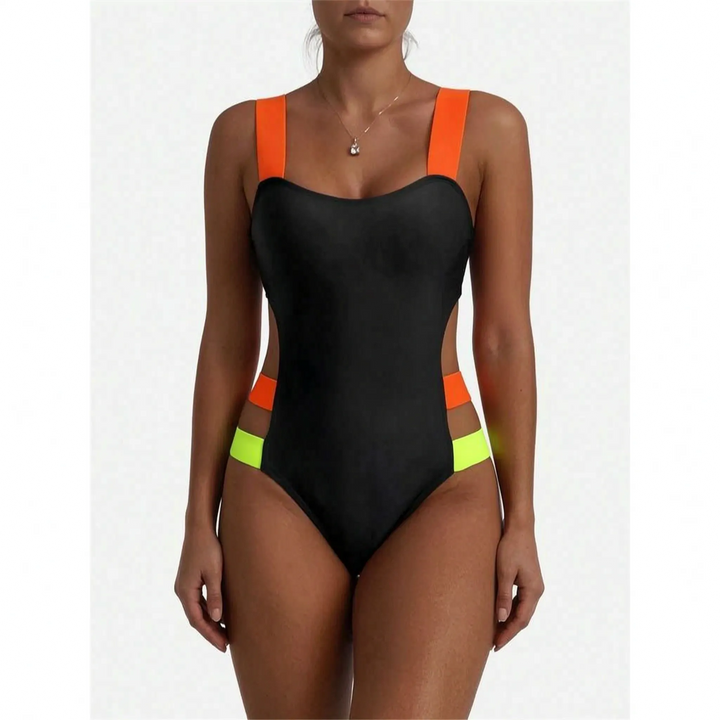 Vibrant women's high-cut monokini swimsuit with bold cutouts & neon accents, perfect for resort & summer fun.