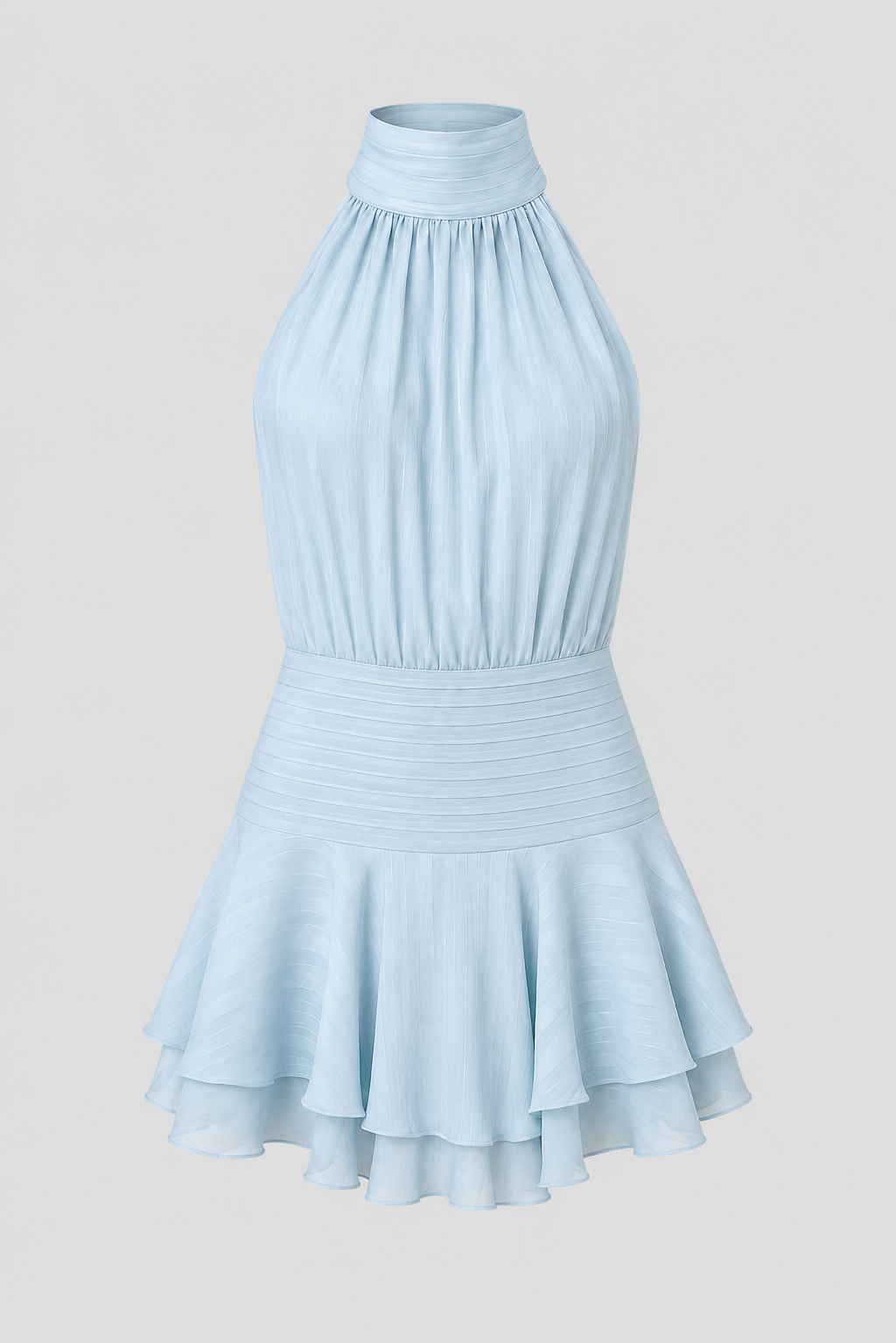 Women's high-neck halter mini dress with elegant pearl embellishments, perfect for parties & cocktails.