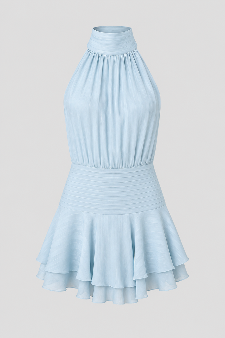 Women's high-neck halter mini dress with elegant pearl embellishments, perfect for parties & cocktails.