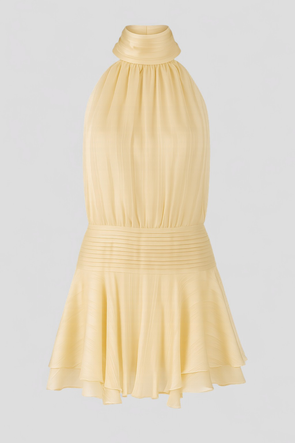 Stunning yellow bodycon mini dress with high-neck halter and pearl accents, ideal for summer occasions.