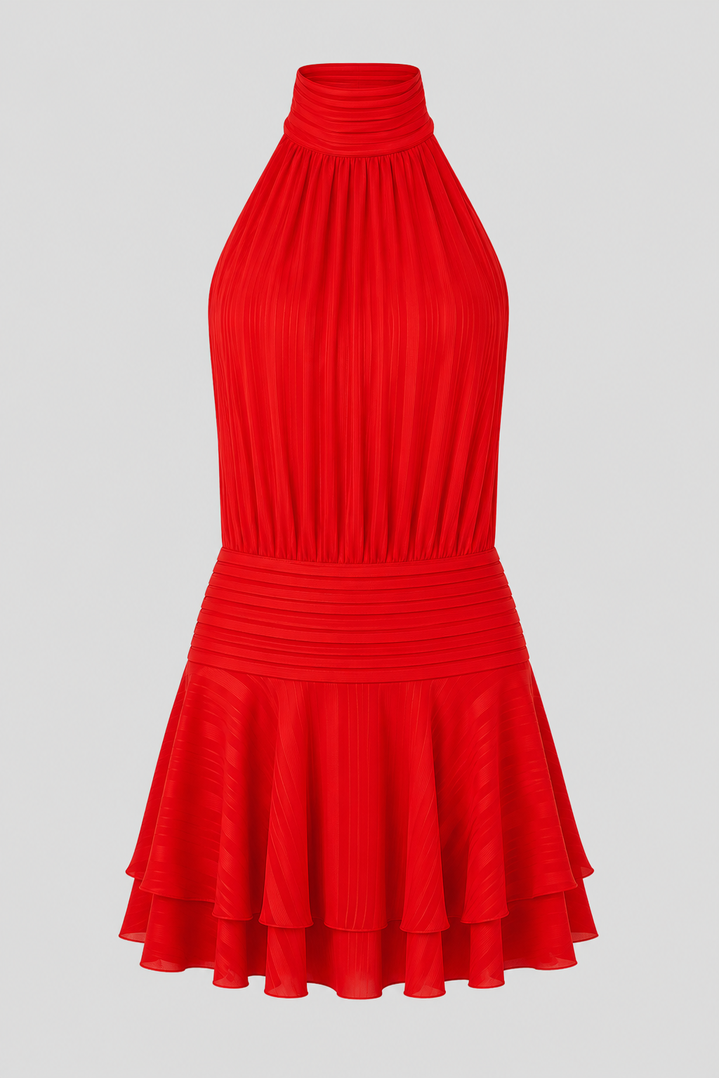 Sophisticated formal mini dress for women, high-neck halter and pearl details, an elegant party choice.