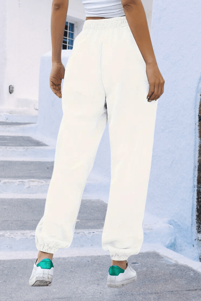 Close-up of elastic waistband on comfortable women's high-rise joggers, perfect for daily use.