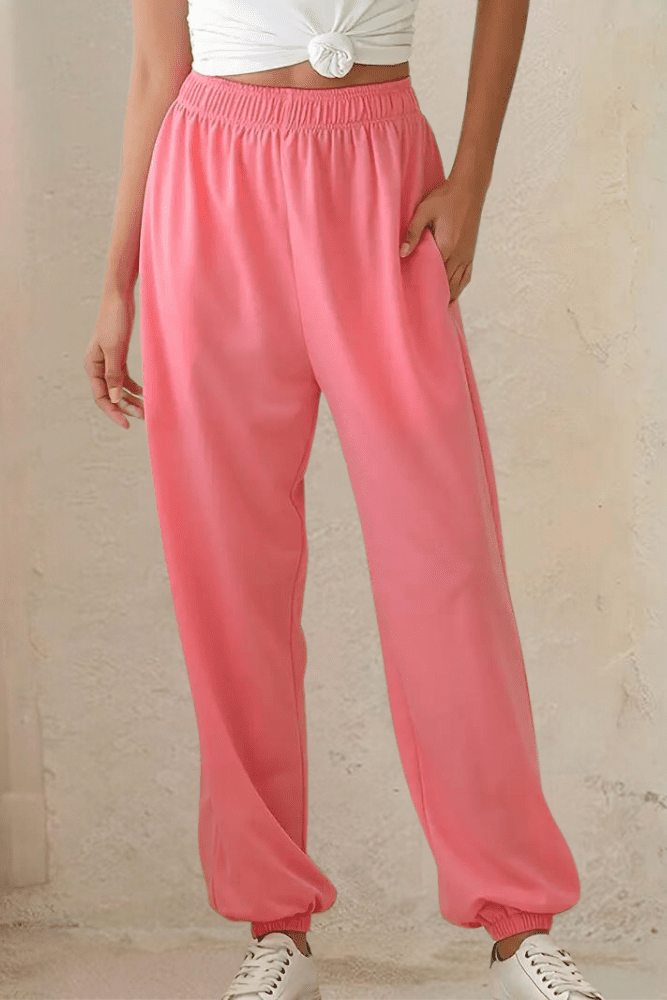 Stylish women's athleisure joggers with high-rise elastic waist, perfect for versatile daily wear.