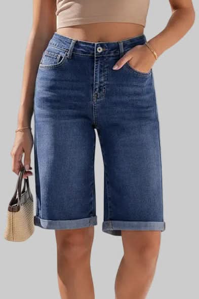 Women's high-rise long shorts, great for a relaxed fit, casual everyday summer style.