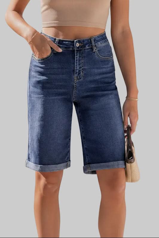 Modern women's long casual shorts, high-rise design for flattering summer style.