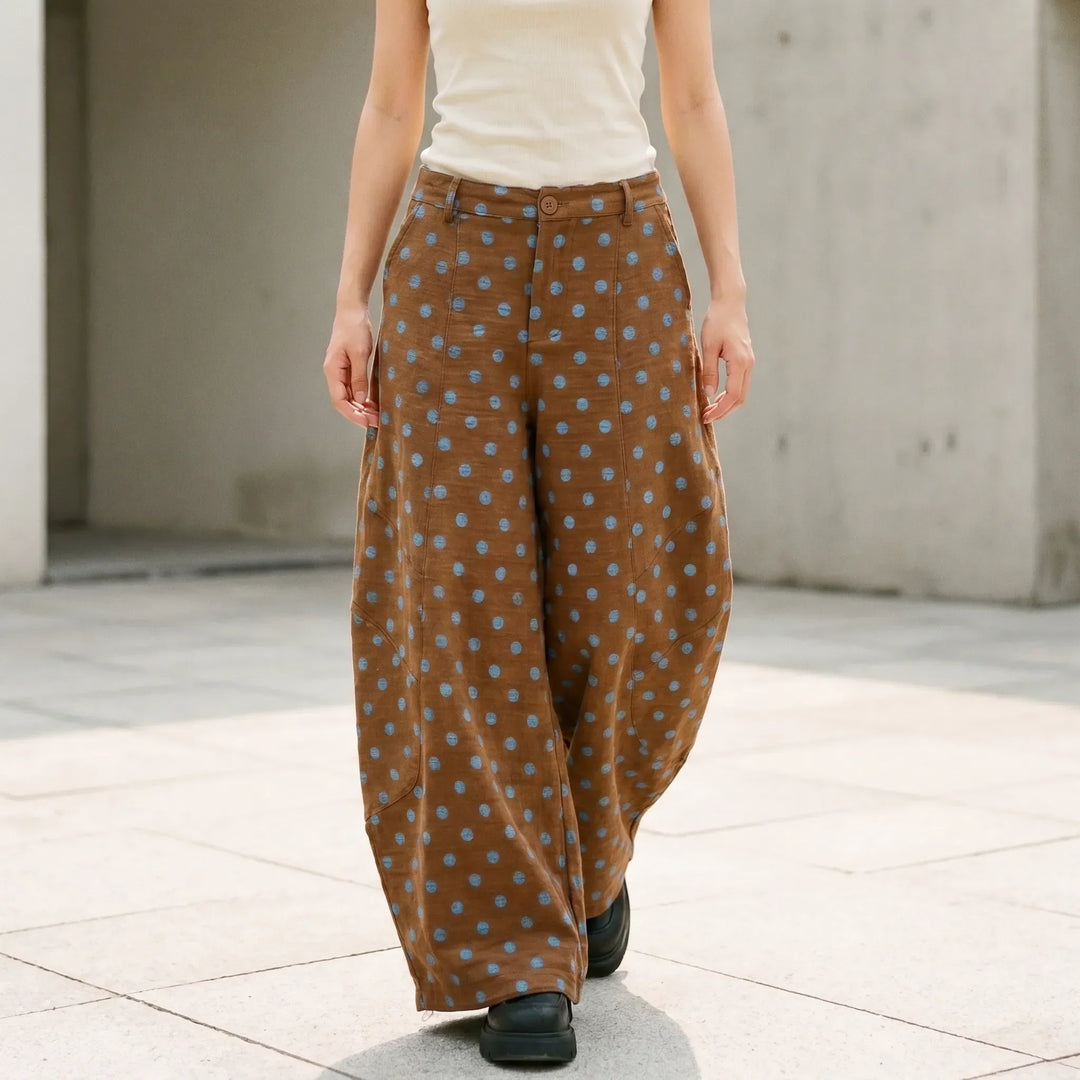 Women's high-rise polka dot wide barrel-leg pants, perfect for casual fashion & streetwear.