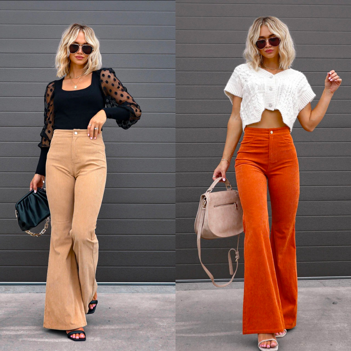 Fashionable high-rise retro flared pants for women, featuring a chic ribbed texture.