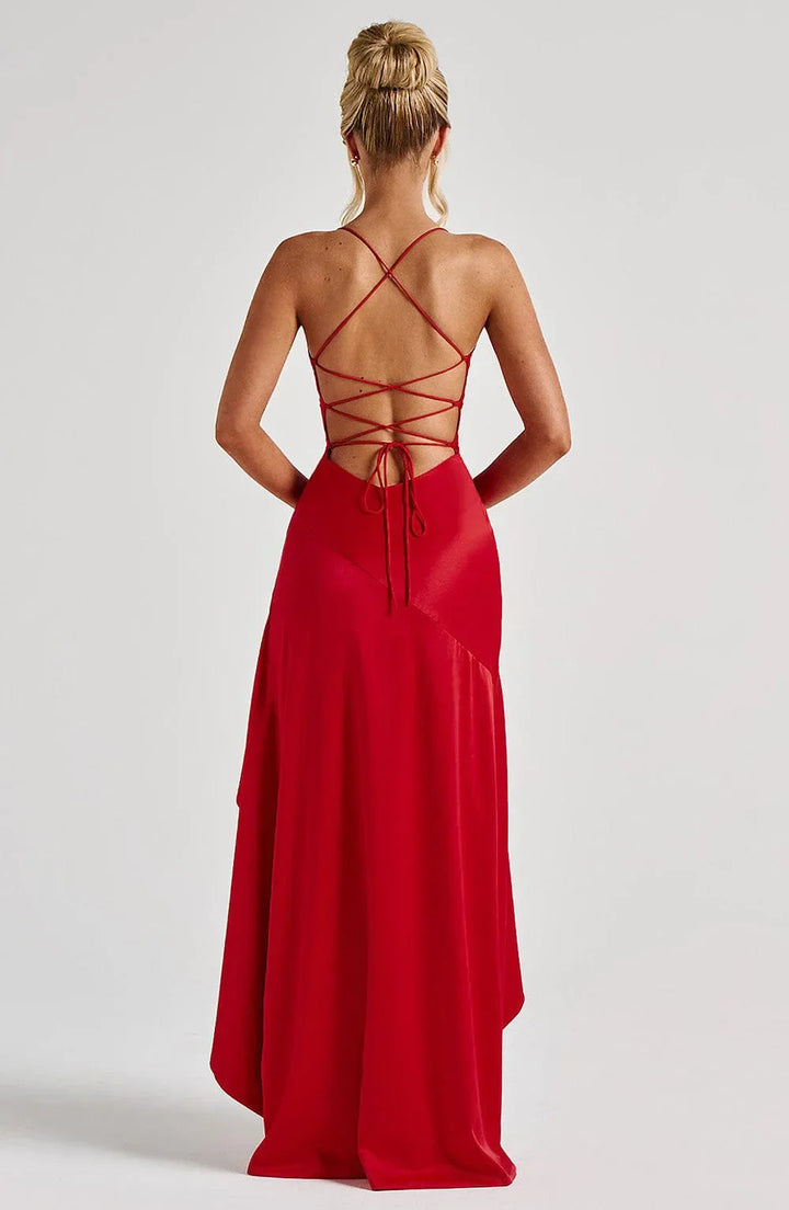 Elegant long dress for women, a formal maxi with a daring high slit and lace-up detail.