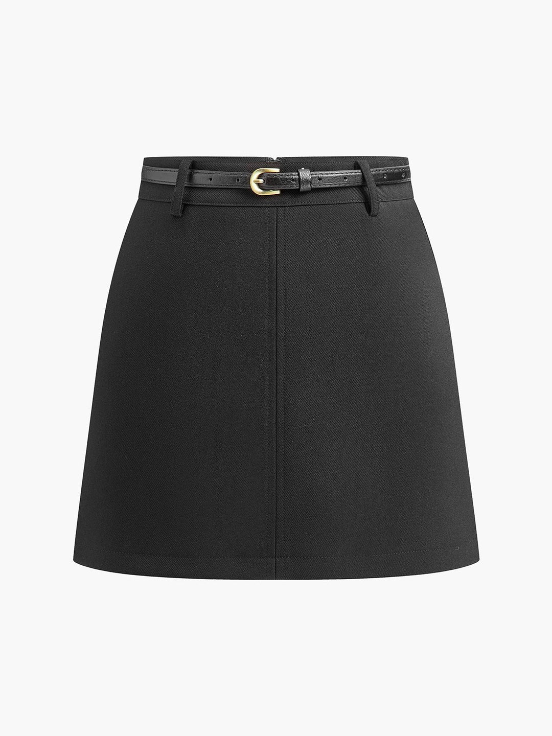 Dressy women's belted mini skirt, high-waist A-line shape. Ideal for party/office.