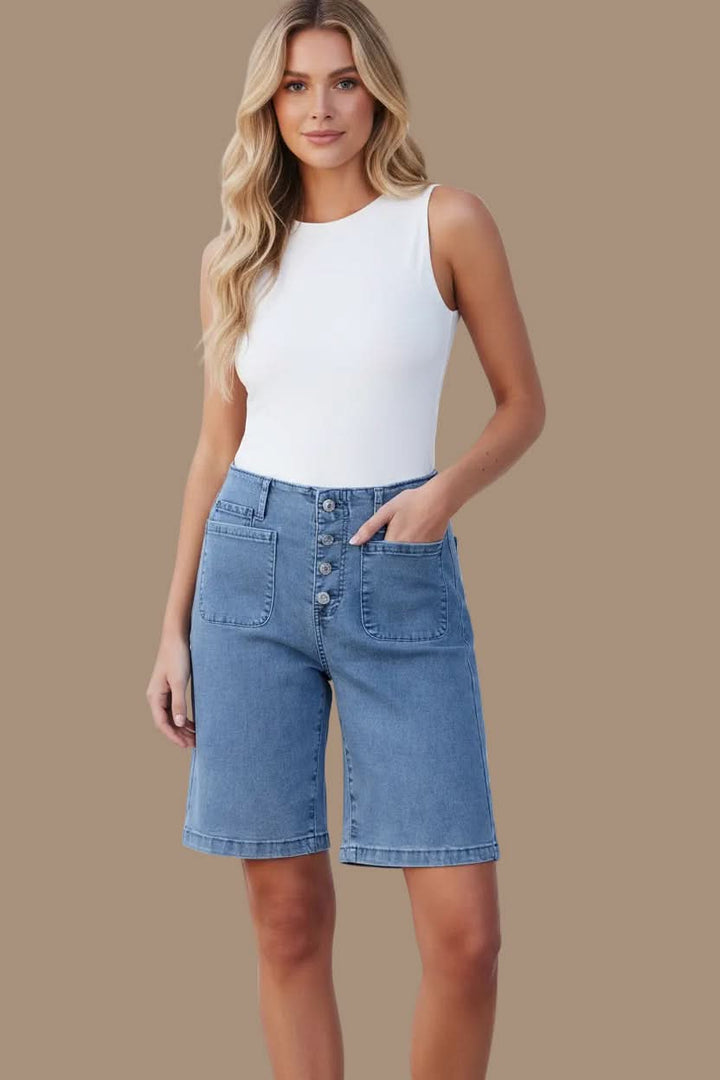 Women's high-waist bermuda shorts styled for a chic, relaxed summer everyday outfit.