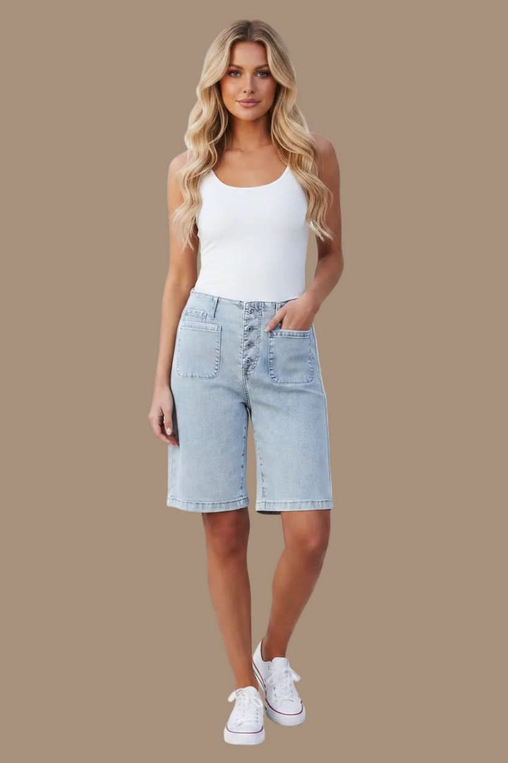 High-waist bermuda shorts for women, relaxed fit, versatile, comfortable, modern summer fashion.