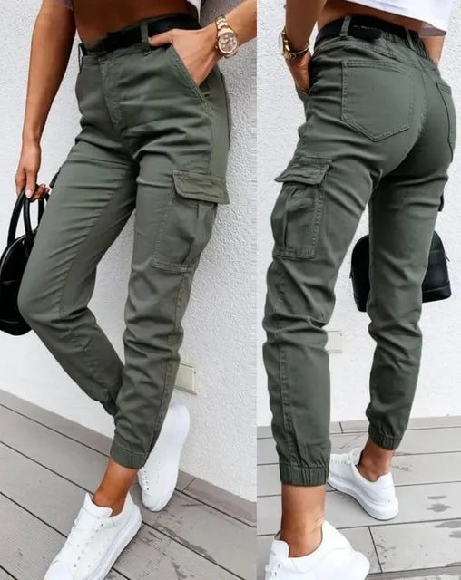 Women's high waist cargo jogger pants in utility style, perfect for streetwear & casual fashion.