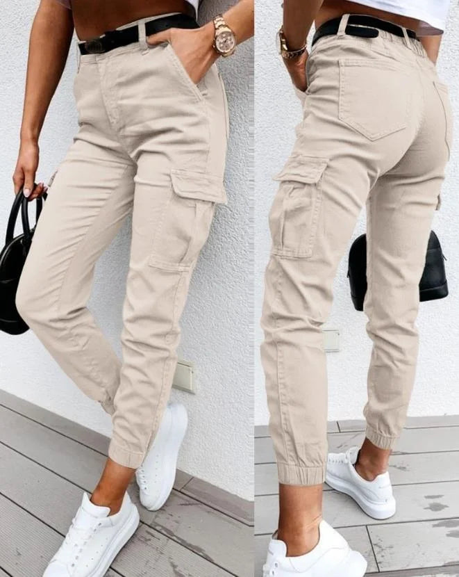 Comfortable women's high waist cargo joggers with a tapered fit, ideal for everyday wear & travel.