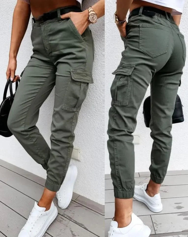 Women's tapered fit cargo pants, high-waisted design providing ultimate comfort for travel & daily fashion.