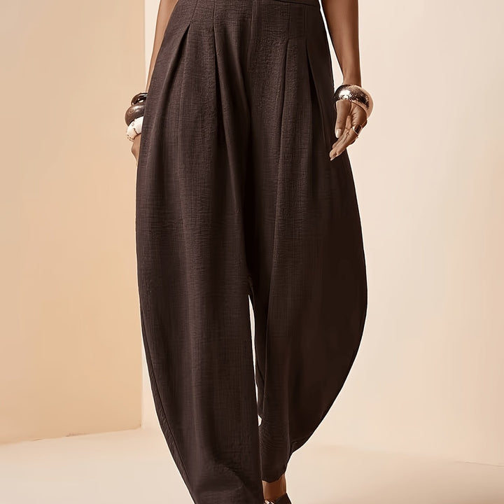 Coffee brown women's harem pants: high waist, pleated front, and modern tapered ankle for chic comfort.